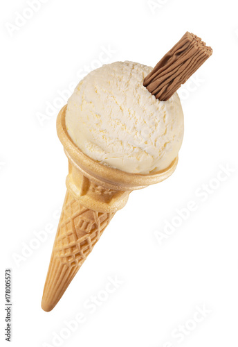 Vanilla ice cream white chocolate flake in cone on white background