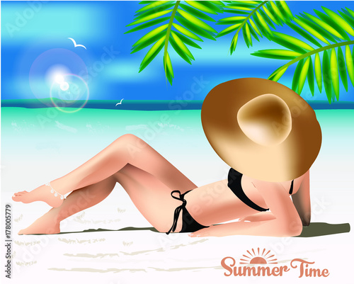 Woman with hat sunbathing  beach