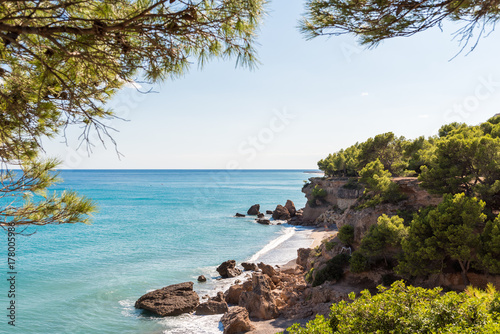 Fototapeta Naklejka Na Ścianę i Meble -  View of the coastline of the Costa Dorada in Miami Platja, Tarragona, Catalunya, Spain. Copy space for text.
