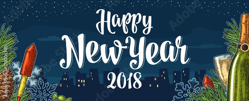 Poster Happy New Year 2018 calligraphy lettering with night city