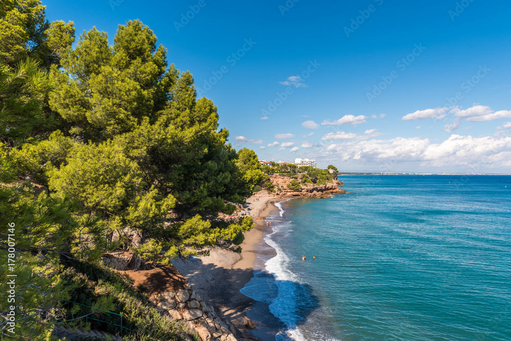 View of the coastline of the Costa Dorada in Miami Platja, Tarragona, Catalunya, Spain. Copy space for text.
