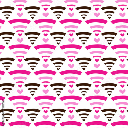 Wifi icon seamless pattern with hearts. Isolated on white background. Vector illustration in pink and black colors