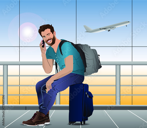 Illustration a cool young guy waiting sitting in his suitcase, with mountain boots, calling by mobile phone at the airport with a plane background
