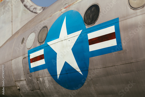 Close-up of the American insignia painted on a vintage plane