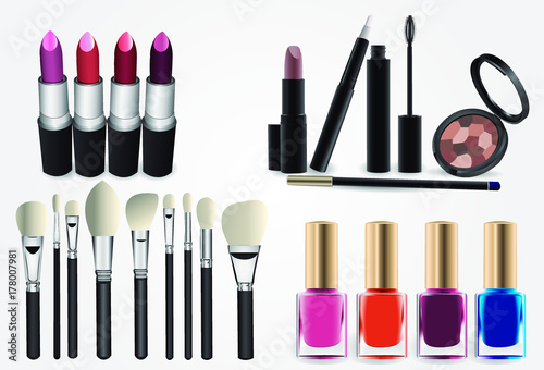 Set of realistic vector and cosmetic professional makeup style. Brush brushes lipstick paints nails