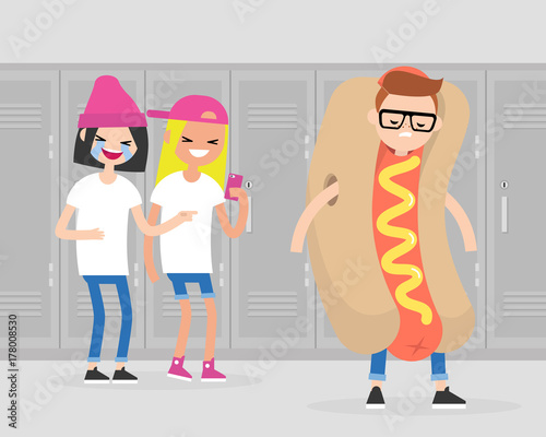 Two teenage girls joking over a boy wearing a hot dog costume. Mockery. Bulling at school. Flat editable vector cartoon illustration, clip art.