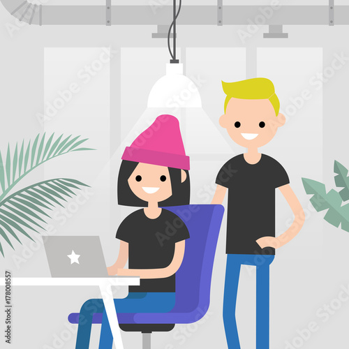Teamwork. Office routine life. Colleagues discussing a project. Senior manager supervising a junior manager. Modern loft office interior. Flat vector characters. Millennials at work, illustration.