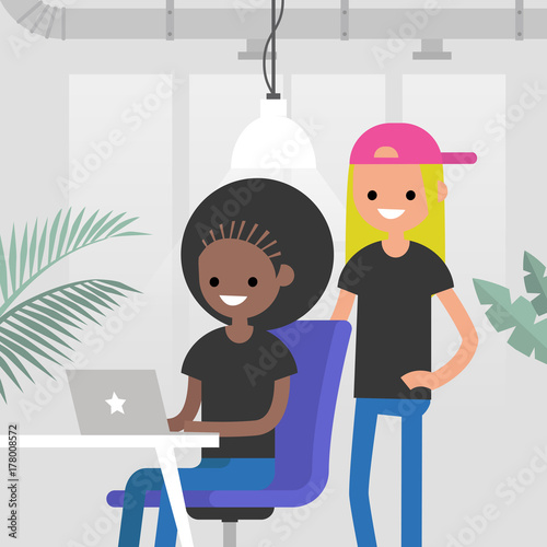 Teamwork. Office routine life. Colleagues discussing a project. Senior manager supervising a junior manager. Modern loft office interior. Flat vector characters. Millennials at work, illustration.