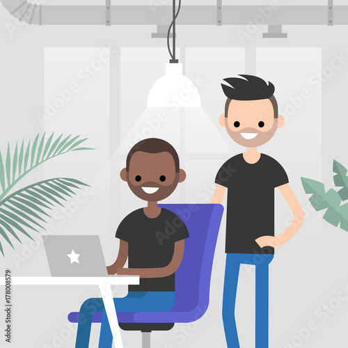 Teamwork. Office routine life. Colleagues discussing a project. Senior manager supervising a junior manager. Modern loft office interior. Flat vector characters. Millennials at work, illustration.