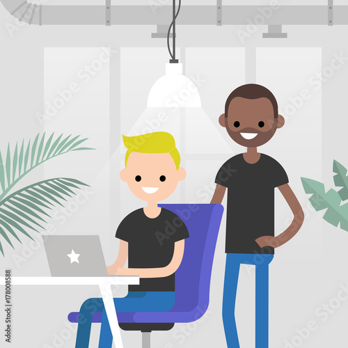 Teamwork. Office routine life. Colleagues discussing a project. Senior manager supervising a junior manager. Modern loft office interior. Flat vector characters. Millennials at work, illustration.