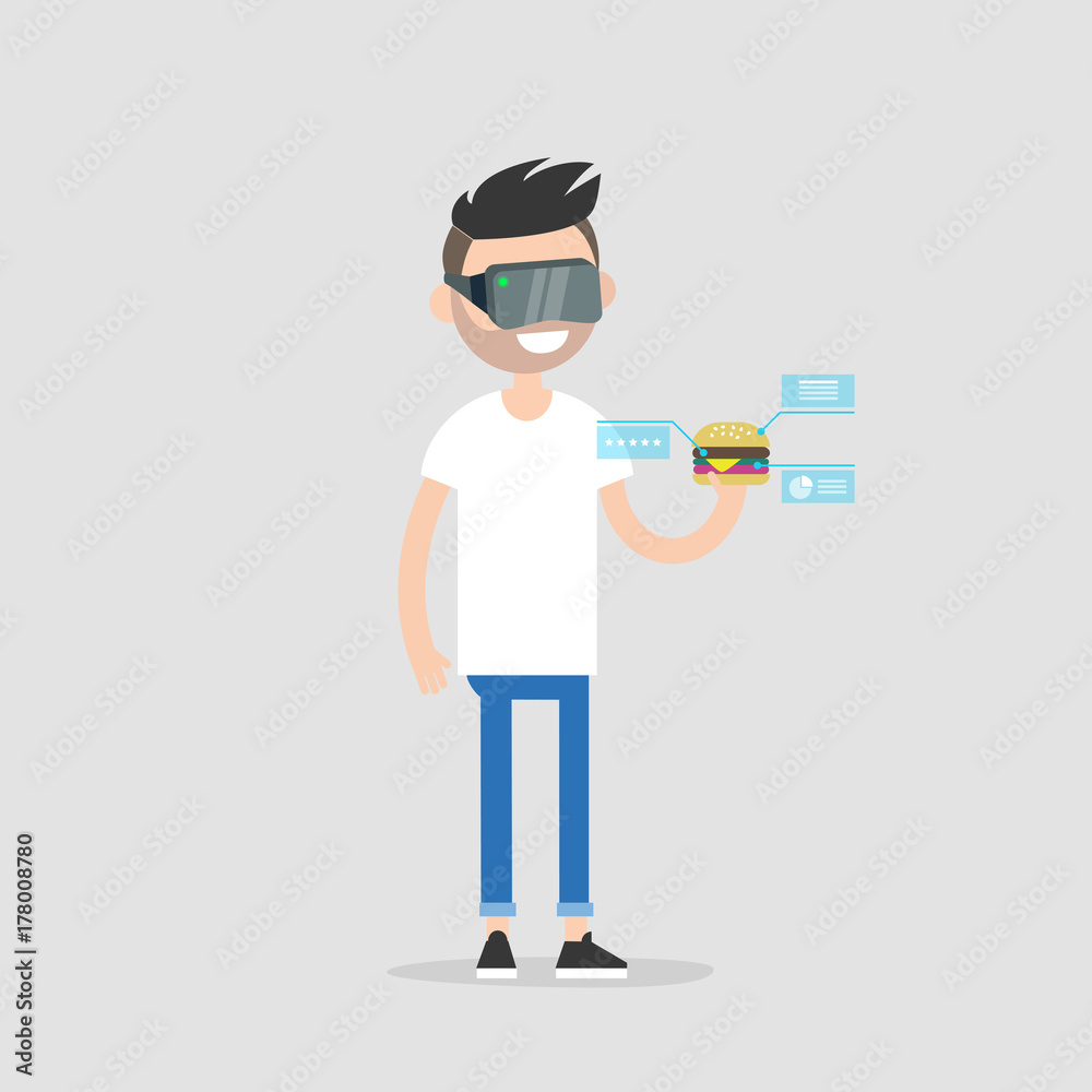 Virtual reality headset. New technologies. Young advanced millennial looking at a burger through the virtual reality glasses. Ingredients and nutrition infographics. Virtual blue displays. Flat vector