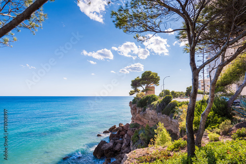 View of the coastline of the Costa Dorada in Miami Platja, Tarragona, Catalunya, Spain. Copy space for text.