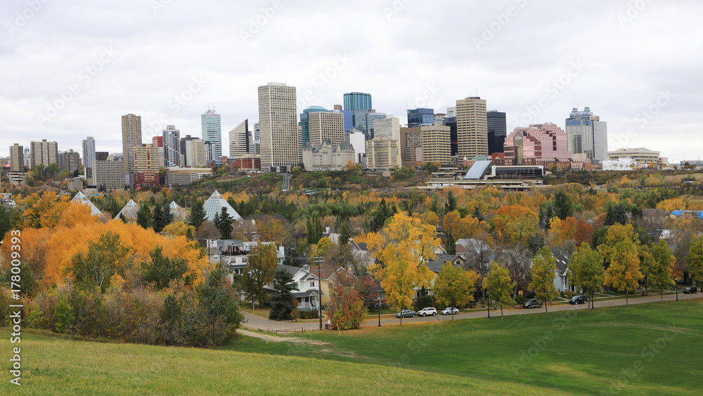 Naklejka premium Edmonton, Canada cityscape with colorful aspen in foreground
