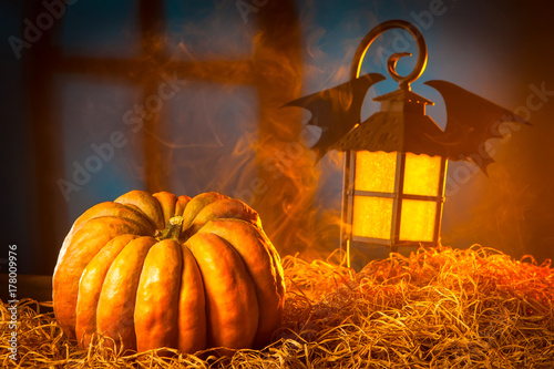 The pumpkin lies on the hay...