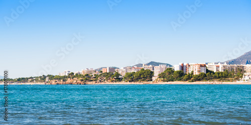 Fototapeta Naklejka Na Ścianę i Meble -  View of the coastline of the Costa Dorada in Miami Platja, Tarragona, Catalunya, Spain. Copy space for text.