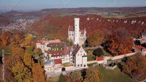 Flight around Lichtenstein Castle in the Swabian Jura, Baden-Wurttemberg, Germany. photo