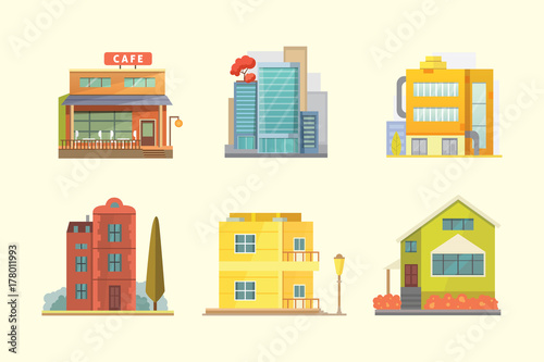 Fototapeta Naklejka Na Ścianę i Meble -  Set of different styles residential houses. City architecture retro and modern buildings. House front cartoon vector illustrations