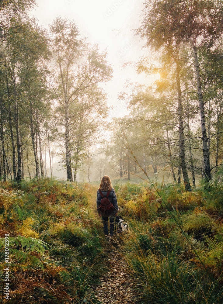 Girl and her dog exploring the woods of ferns Girl and her dog exploring the woods of ferns