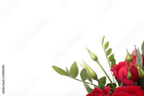 Luxury bouquet made of red and white roses on white background. Decoration for celebration. photo