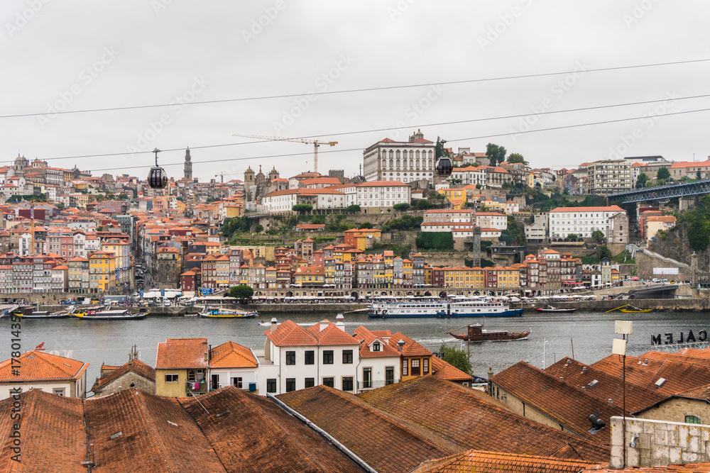 View on Vila Nova de Gaia on Douro river in Porto, Portugal. British wine and port cellars - popular touristic attraction and destination for wine and port tasting with tours and excursions.