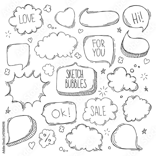 Set of hand drawn sketch Speach bubbles. Vector illustration.