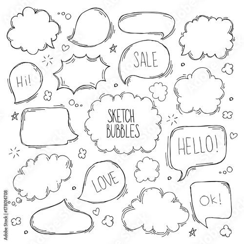 Set of hand drawn sketch Speach bubbles. Vector illustration.