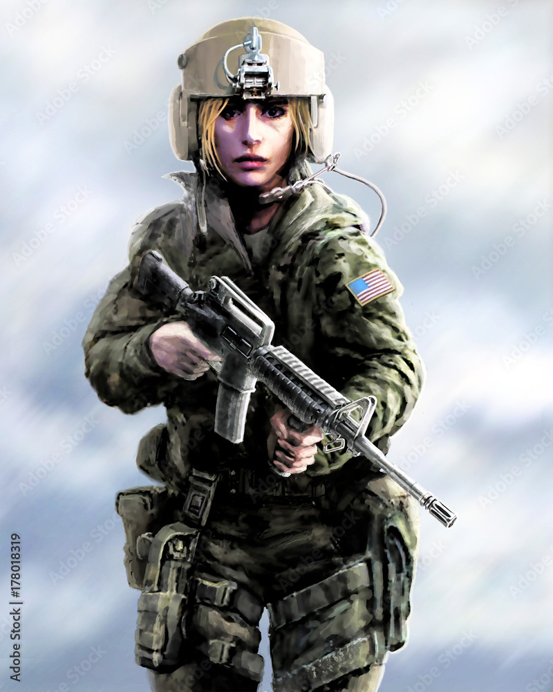 Girl warrior in a helmet and with assault rifle in their hands. Drawing illustration. Girl warrior in a helmet and with assault rifle in their hands. Drawing illustration.