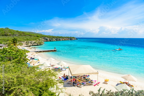 Porto Marie beach - white sand Beach with blue sky and crystal clear blue water in Curacao  Netherlands Antilles  a Caribbean Island