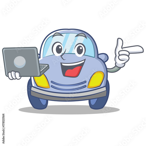 With laptop cute car character cartoon