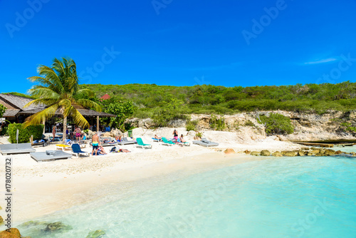 Porto Marie beach - white sand Beach with blue sky and crystal clear blue water in Curacao, Netherlands Antilles, a Caribbean Island © Simon Dannhauer