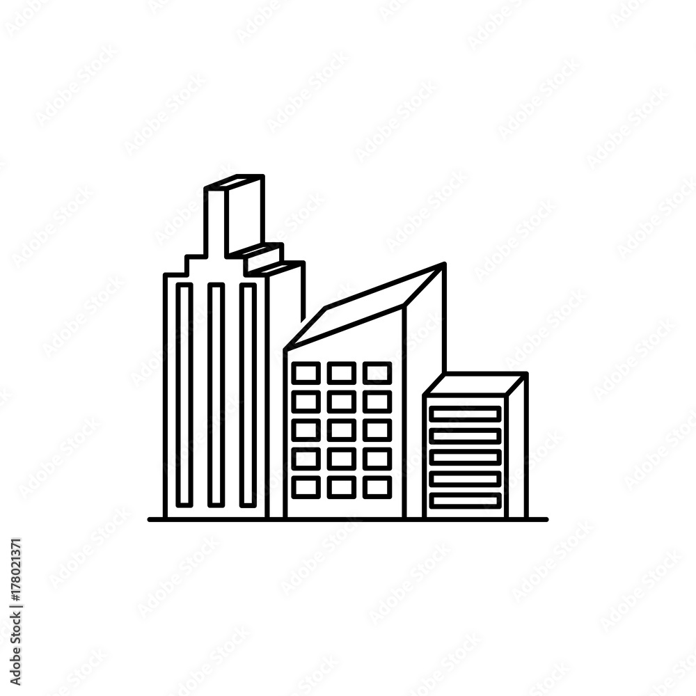 Isometric City Street Landscape View with Buildings, Roads, Trees, Cars and Walking People. Minimal Flat Line Outline Stroke Icon Illustration