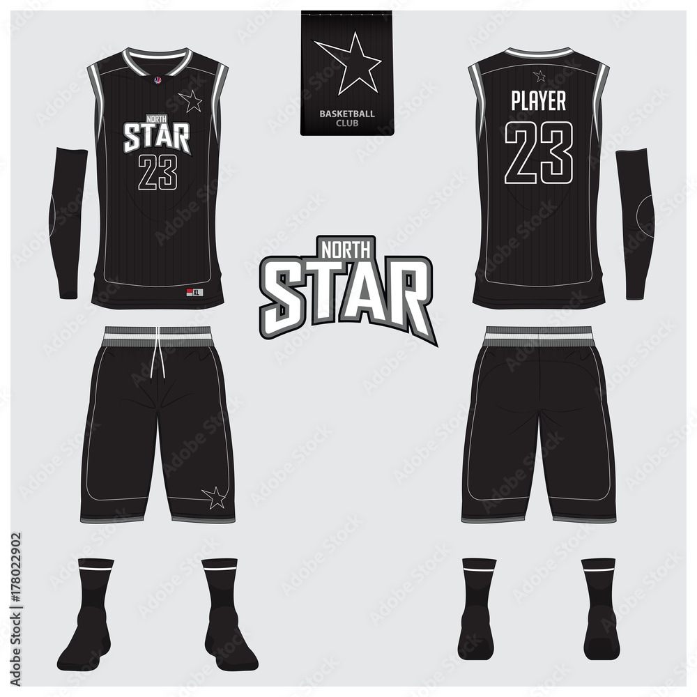 Fototapeta premium Basketball uniform or jersey, shorts, socks template for basketball club. Front and back view sport uniform. Tank top t-shirt mock up with basketball flat logo design on label. Vector Illustration.