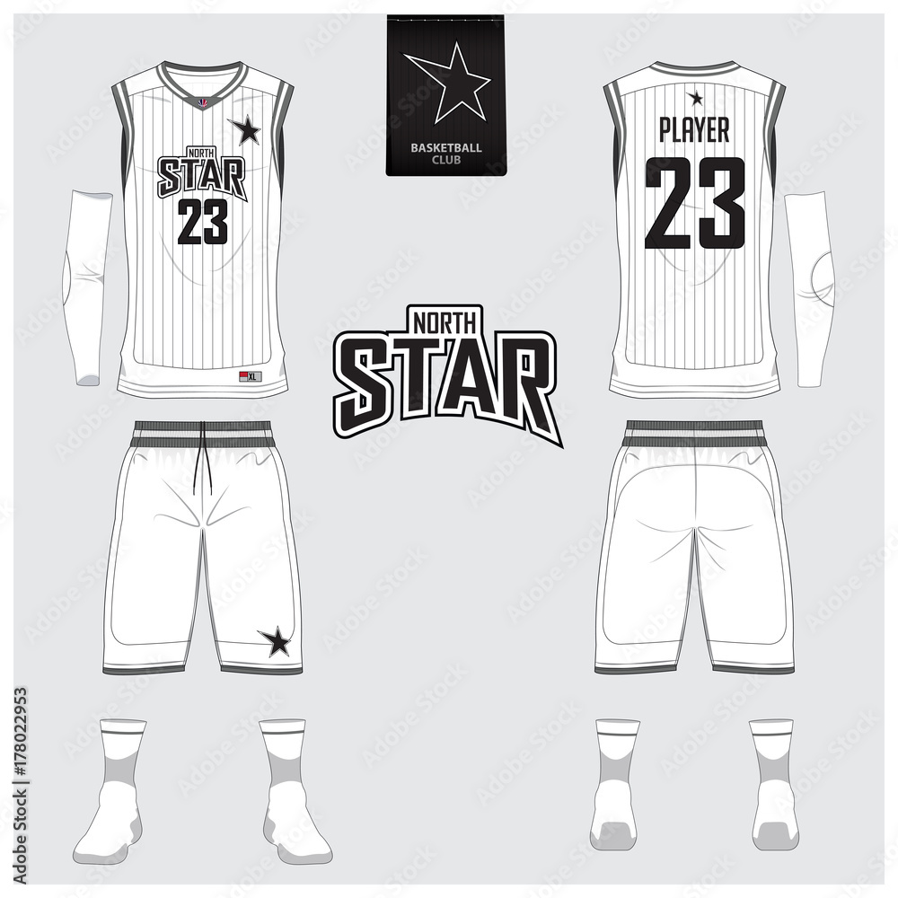 Vecteur Stock Basketball uniform or jersey, shorts, socks template for  basketball club. Front and back view sport uniform. Tank top t-shirt mock  up with basketball flat logo design on label. Vector Illustration.
