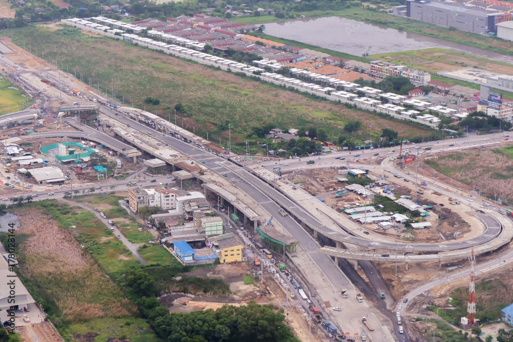 View from plane of the traffic intersection in Bangkok in Thailand