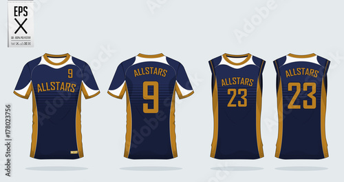 Blue and gold  t shirt sport design template for soccer jersey, football kit and tank top for basketball jersey. Sport uniform in front view and back view. T-shirt mock up for sport club. Vector.