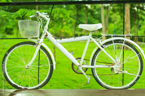 Old retro style white bicycle on green background