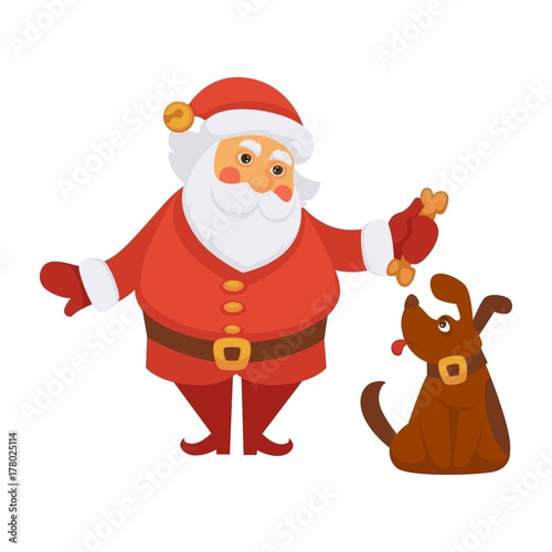 Santa playing dog pet daily Christmas life cartoon character vector flat icon