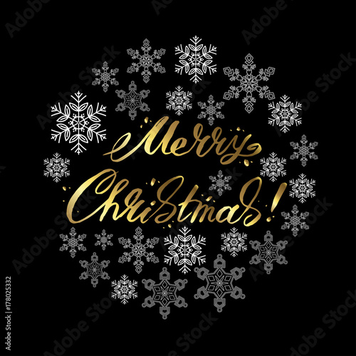 Golden Merry Christmas lettering surrounded by snowflakes. Vector illustration.