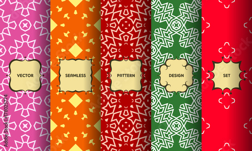 Set of seamless patterns. Collection of bright colorful vector backgrounds and vintage labels. Vector illustration