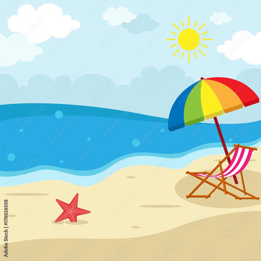 Sunset Beach Landscape - Lounge chair with Umbrella vector Illustration, Holiday season summer background