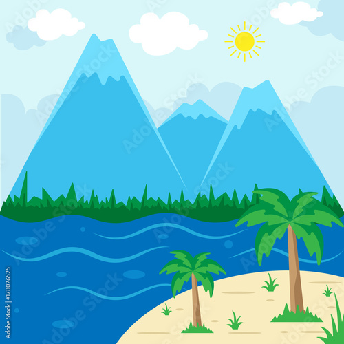 Sunny Beach Landscape - Mountain, Vector Illustration, Holiday season summer background