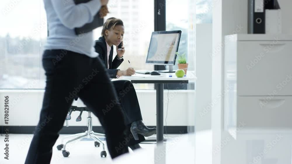 Businesswoman working at her desk, looking at computer and talking on phone. Businesswoman working at her desk, looking at computer and talking on phone.