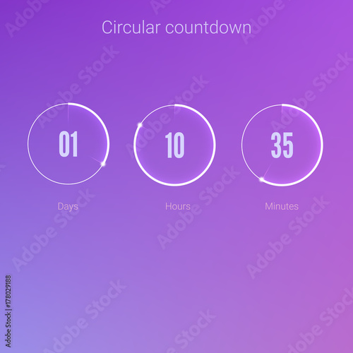 Clock application, UI elements. Design of countdown timer for coming soon or under construction action. Part of the User interface, circular counter. Template of digital clock