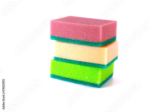 colorful kitchen sponges isolated on white background