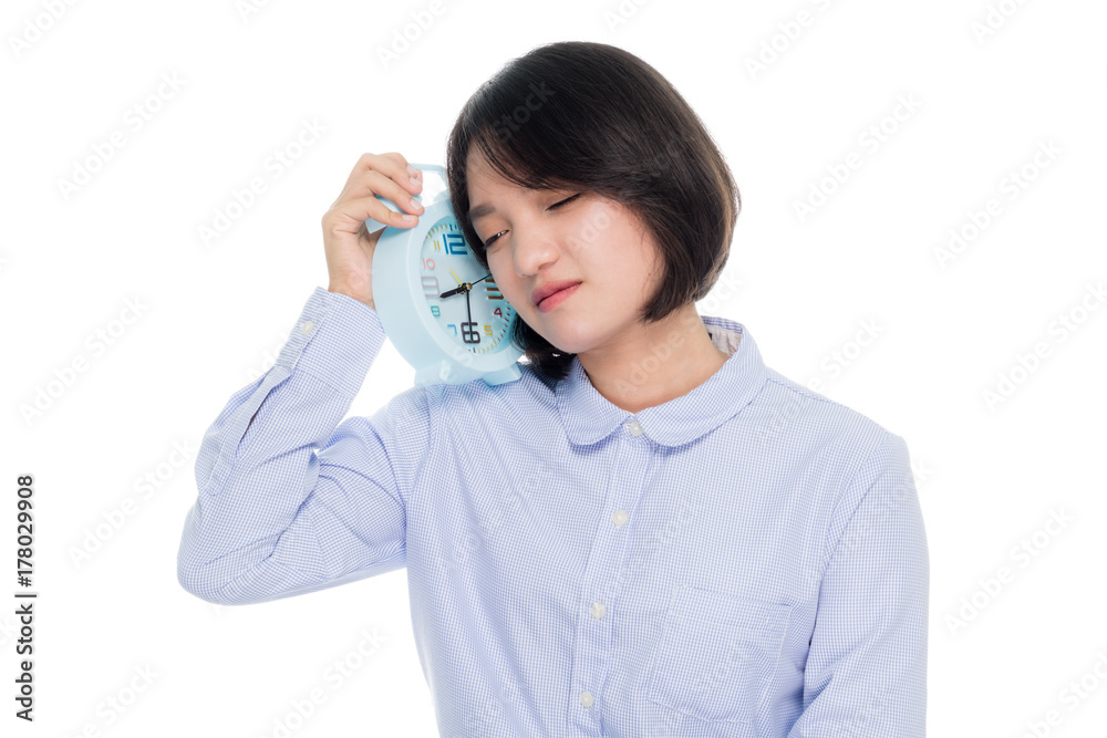 Portrait of a beautiful asian business woman with clock. Isolated on white background Portrait of a beautiful asian business woman with clock. Isolated on white background