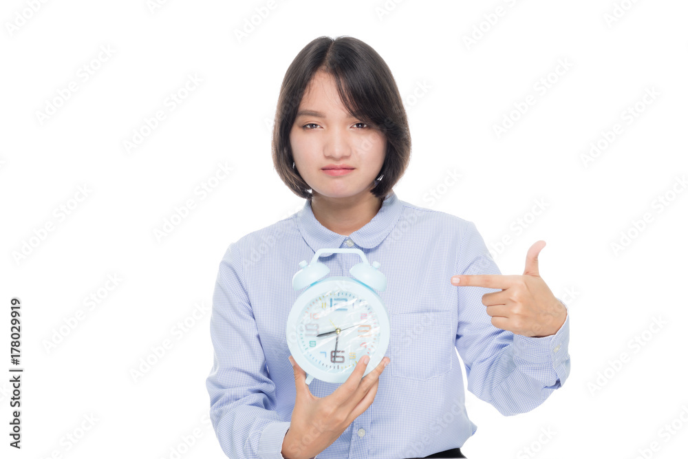 Portrait of a beautiful asian business woman with clock. Isolated on white background Portrait of a beautiful asian business woman with clock. Isolated on white background