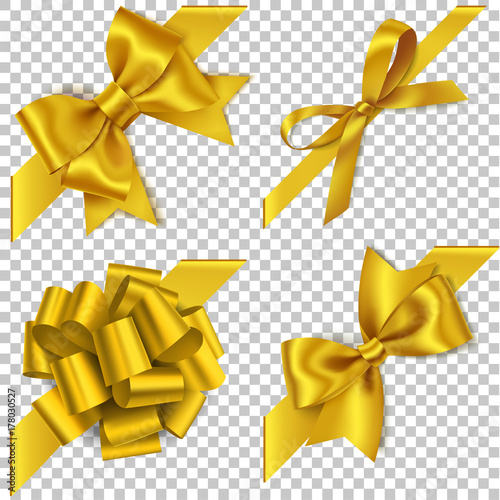 Decorative golden bow with diagonally ribbon for corner decor. New year holiday decorations. Vector realistic yellow bow
