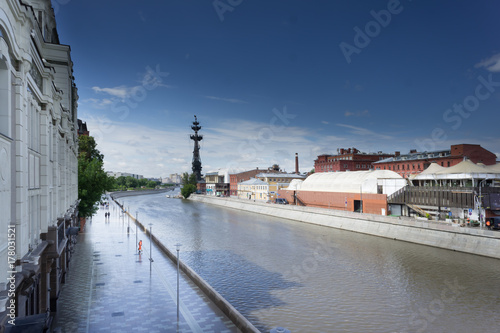 Beautiful view of the Moscow River embankment in the center of the city Moscow. Tretyakov Gallery on the Crimean shaft, The Monument to Russian Emperor Peter the Great.