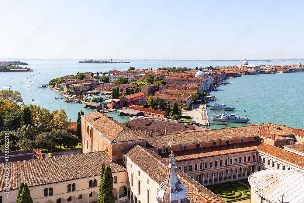View from the bell tower of the 16th-century Benedictine San Giorgio Maggiore church on San Giorgio Monastery and Giudecca Island, Venice, Italy.