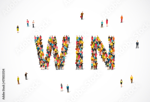 Group of people standing in the word Win